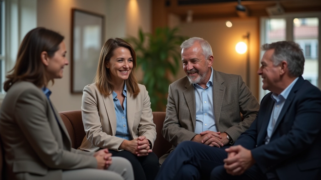 Quatro pessoas adultas em sala de reunião moderna, sentadas num sofá confortável durante uma conversa sincera