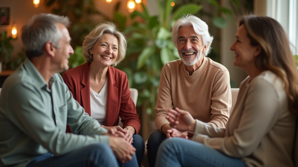 Grupo de adultos em sessão de coaching, sentados em círculo, em ambiente aconchegante e inspirador