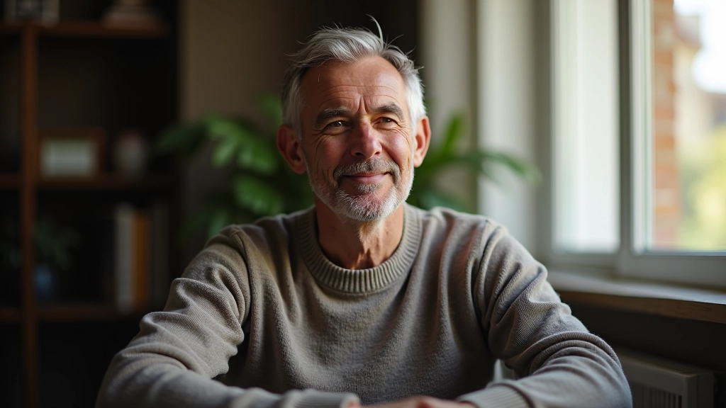 Homem adulto sentado confortavelmente, expressão pensativa e calma, olhando pela janela com luz natural