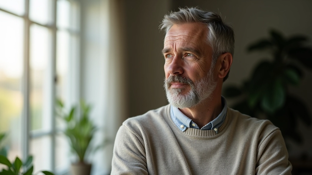 Homem adulto em ambiente luminoso, expressão confiante, representando auto-apreciação e força pessoal