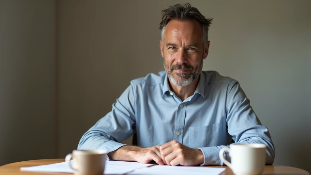 Pessoa preenchendo questionário numa mesa com café ao lado, expressão focada, ambiente calmo