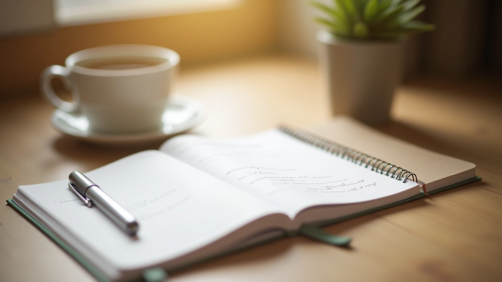 Caderno aberto com anotações de autoconhecimento, caneta e xícara de chá numa mesa de madeira