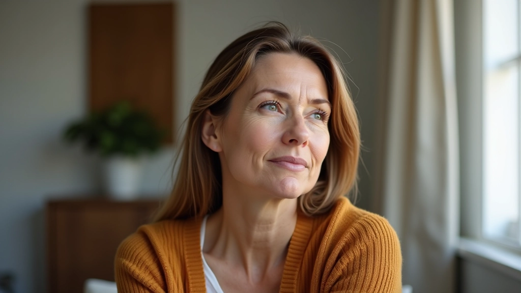 Mulher madura em ambiente acolhedor, refletindo sobre vida nova, luz natural suave