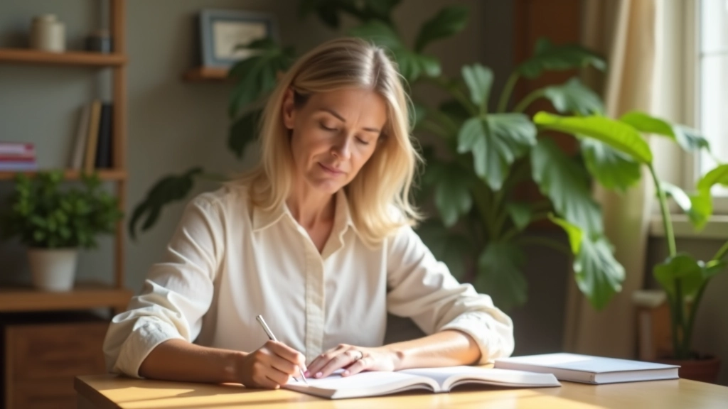Mulher madura escrevendo objetivos num caderno com determinação, rodeada de plantas verdes