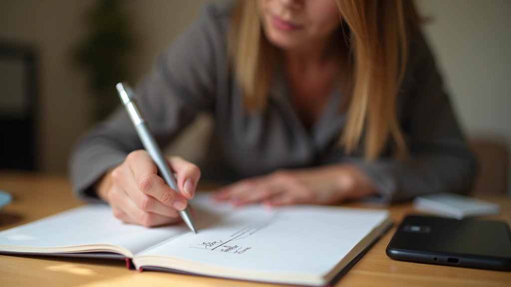 Mão de mulher escrevendo numa linha do tempo num caderno, diferentes momentos marcados, luz natural do lado