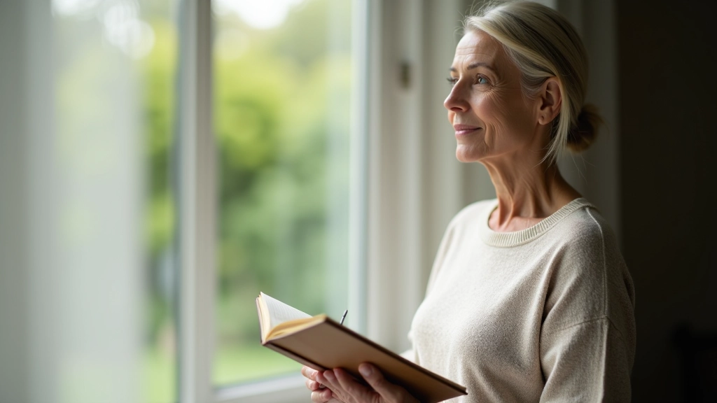 Pessoa segurando um caderno fechado com satisfação, em frente a janela com vista para natureza, expressão serena