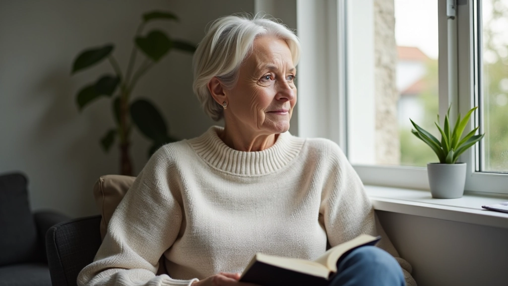 Mulher madura sentada à janela com caderno, reflexionando, luz natural suave, ambiente tranquilo de casa